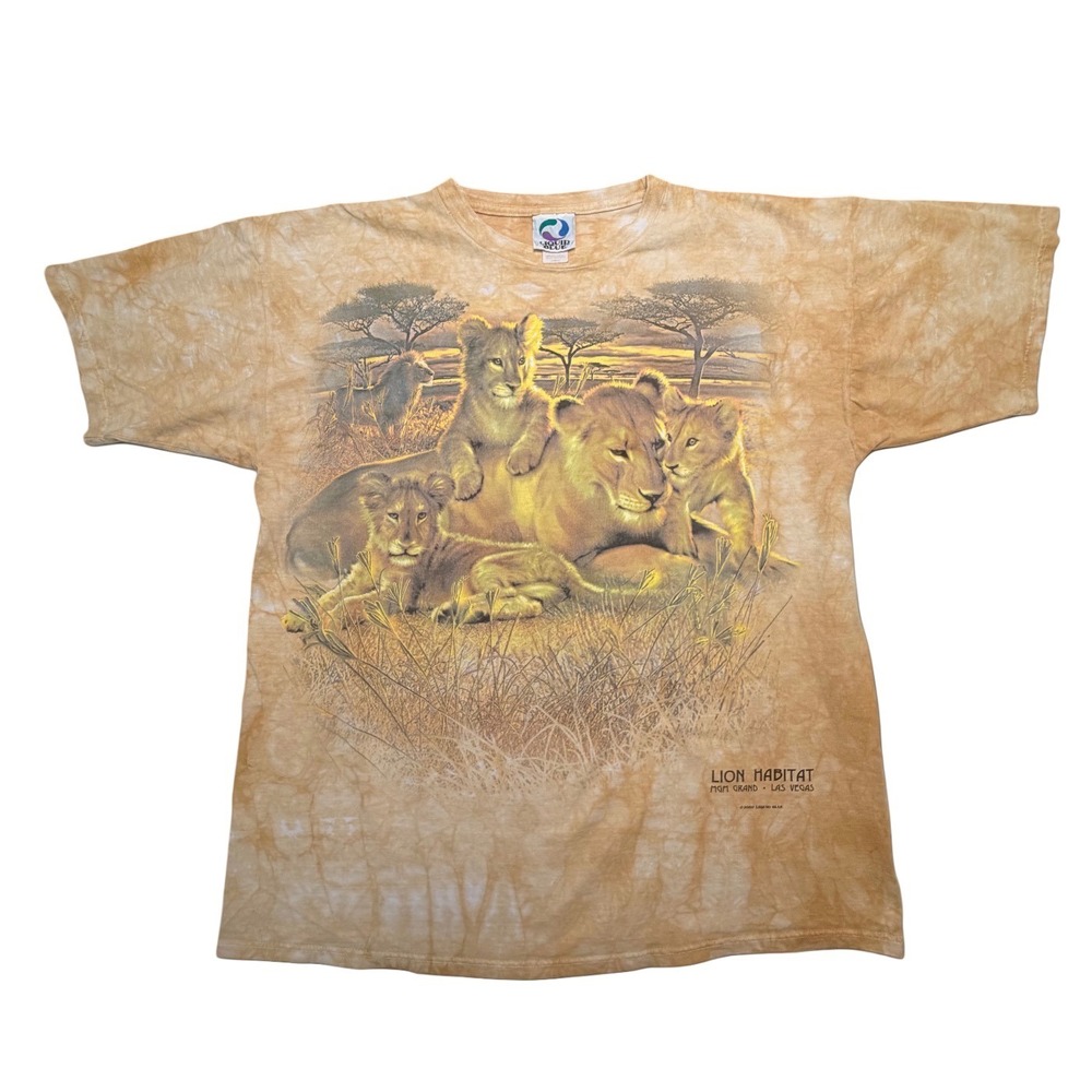 Vintage Y2K Liquid Blue Lion Tie Dye Large Shirt Yellow MGM Grand Vegas Cotton - Picture 2 of 9